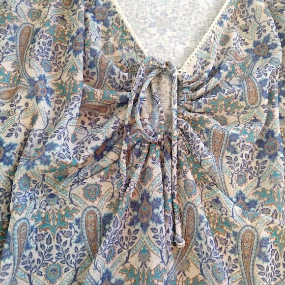 Vintage 2000s Paisley Print Top Plus Size 1X Bell Sleeve Tie Back Y2K Milkmaid - Picture 6 of 9